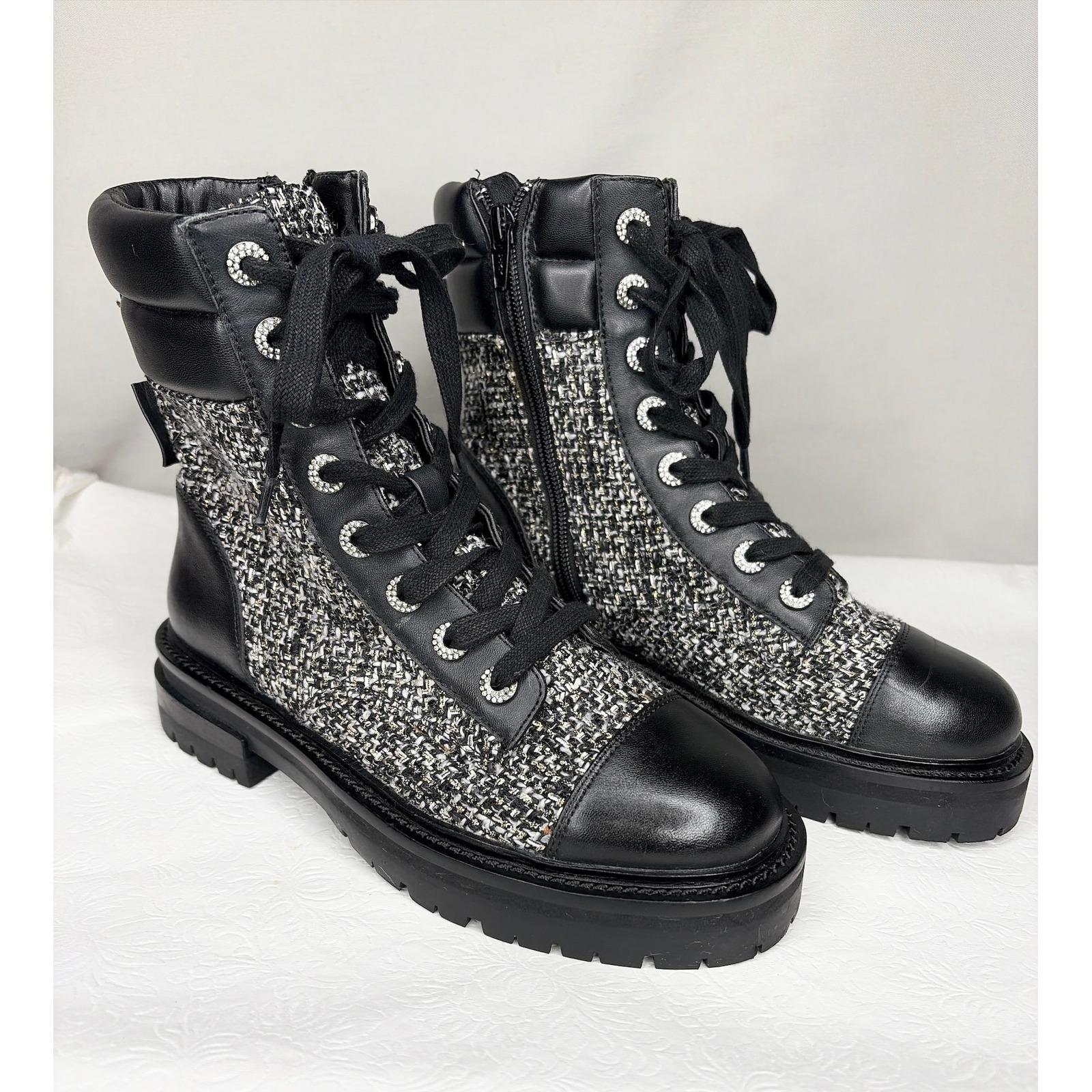 Kurt Geiger London Shore Tweed Leather Combat Boots Black White Crystal Size 6
